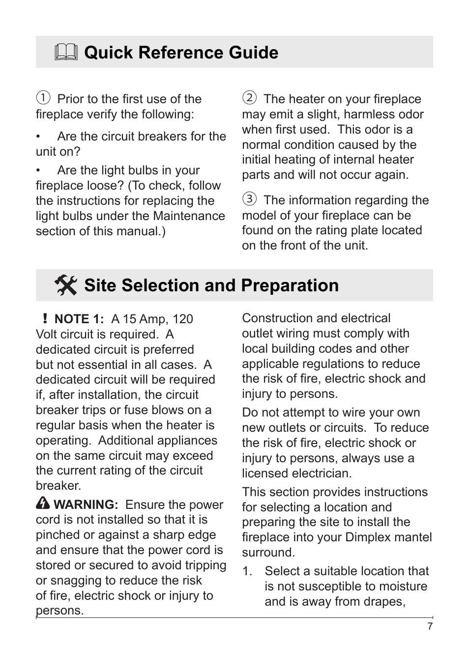 Quick reference guide, Site selection and preparation | Dimplex DF3033ST User Manual | Page 7 / 22