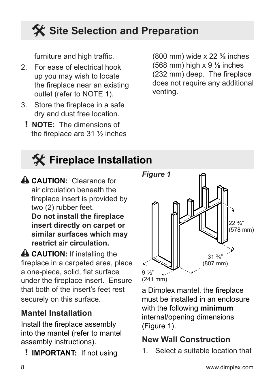 Fireplace installation, Site selection and preparation | Dimplex DF3033ST User Manual | Page 8 / 22