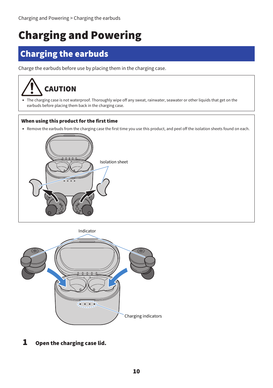 Charging and powering, Charging the earbuds, Caution | Yamaha TW-E7B Noise-Canceling True Wireless In-Ear Headphones (White) User Manual | Page 10 / 56