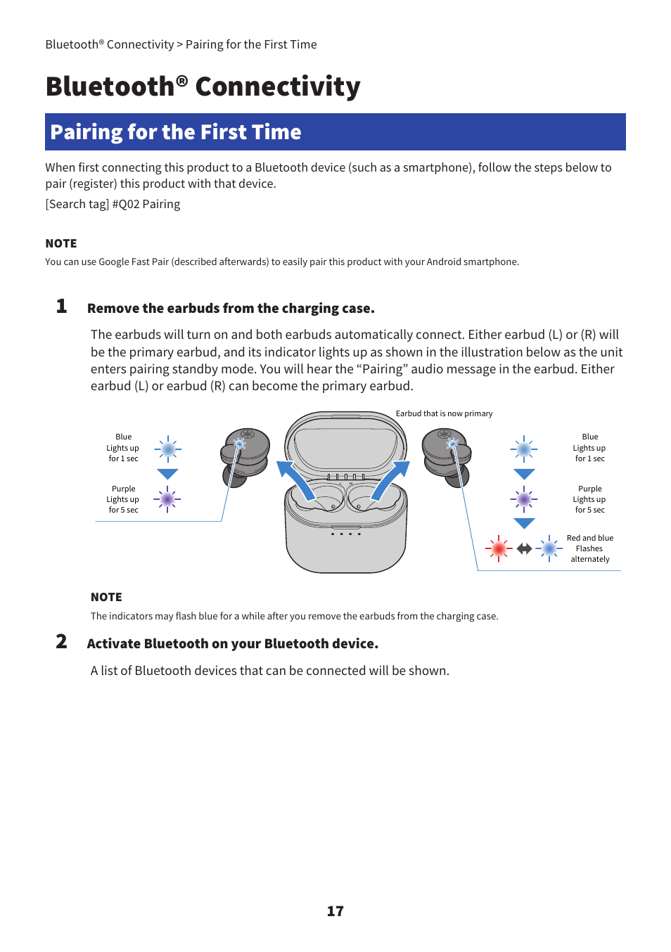 Bluetooth® connectivity, Pairing for the first time, Pairing for the first time” (p.17) | Yamaha TW-E7B Noise-Canceling True Wireless In-Ear Headphones (White) User Manual | Page 17 / 56