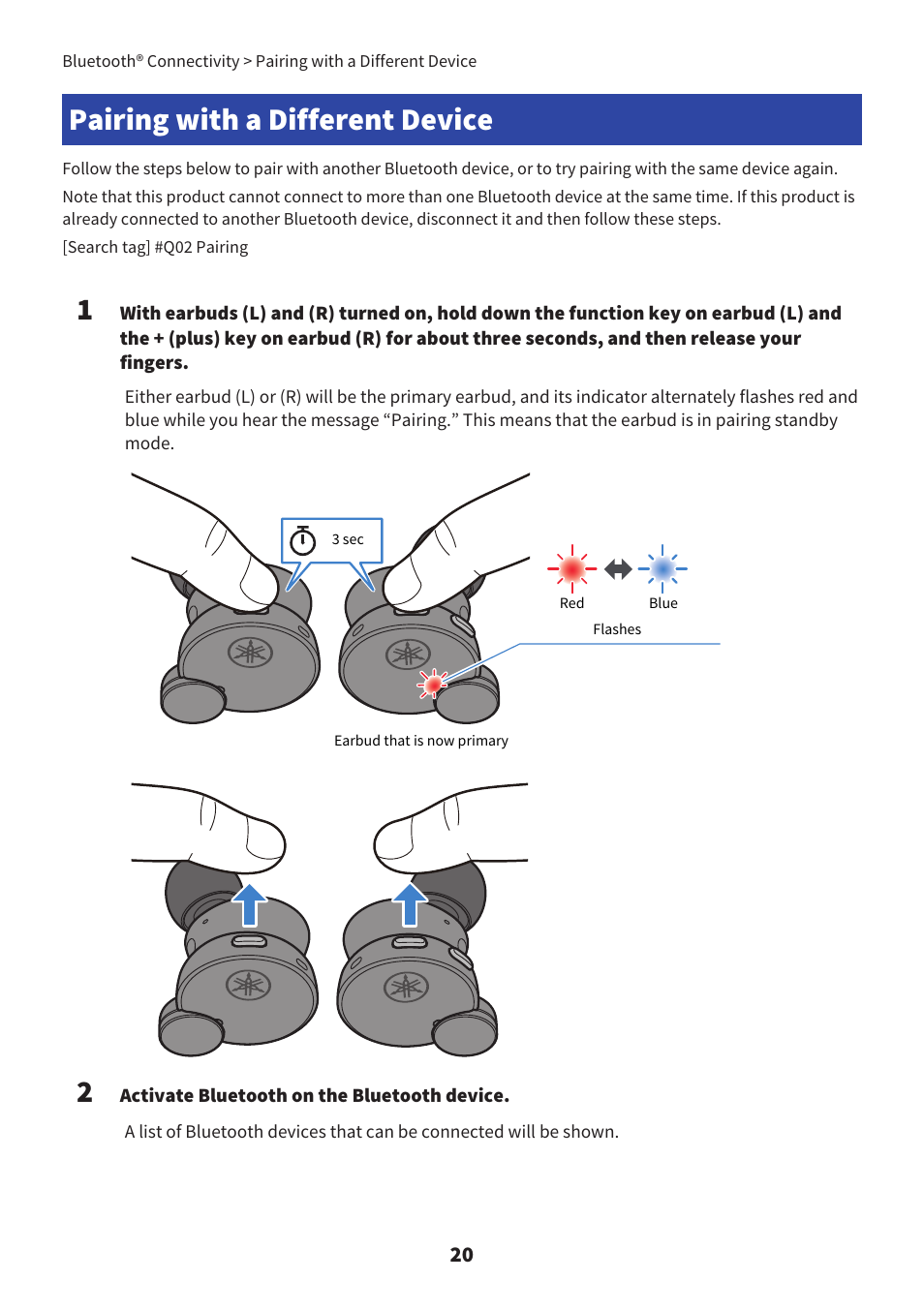 Pairing with a different device, Pairing with a different device” (p.20) | Yamaha TW-E7B Noise-Canceling True Wireless In-Ear Headphones (White) User Manual | Page 20 / 56