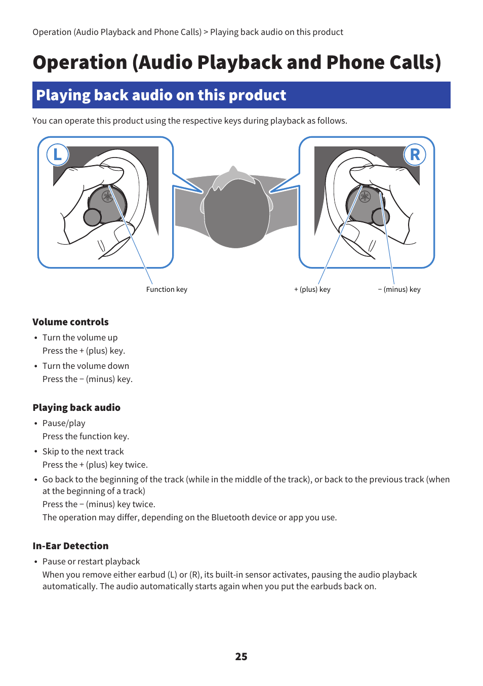 Operation (audio playback and phone calls), Playing back audio on this product, Playing back audio on this product” (p.25) | Yamaha TW-E7B Noise-Canceling True Wireless In-Ear Headphones (White) User Manual | Page 25 / 56