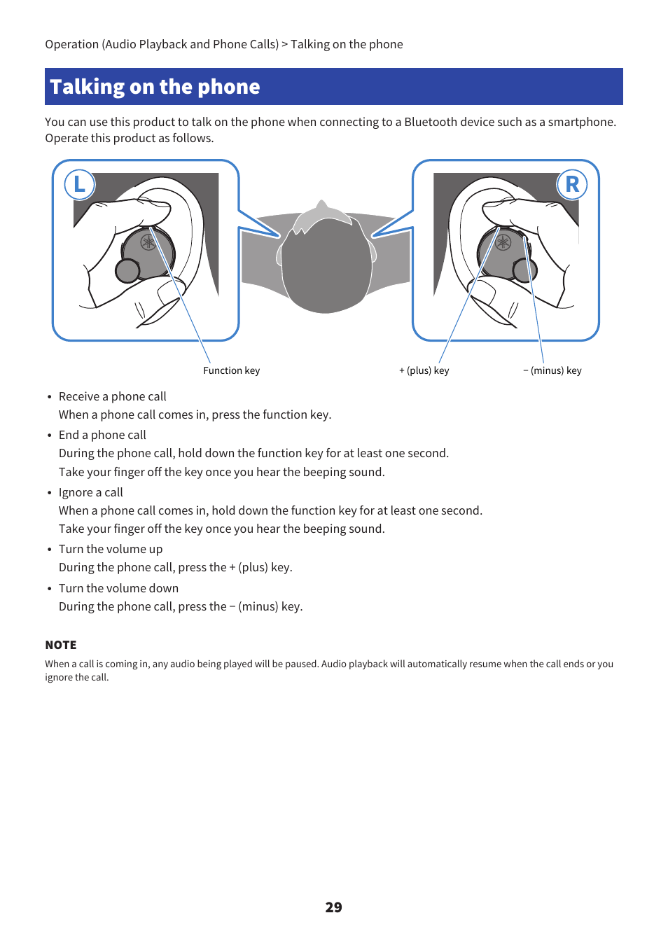 Talking on the phone | Yamaha TW-E7B Noise-Canceling True Wireless In-Ear Headphones (White) User Manual | Page 29 / 56