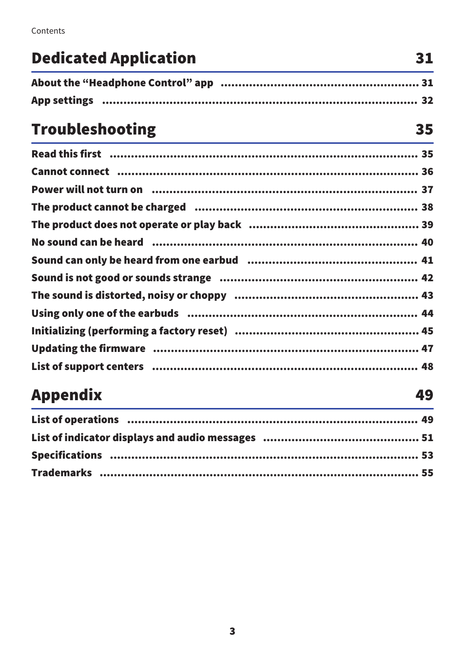 Dedicated application 31, Troubleshooting 35, Appendix 49 | Yamaha TW-E7B Noise-Canceling True Wireless In-Ear Headphones (White) User Manual | Page 3 / 56