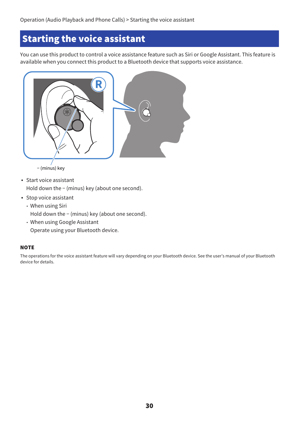 Starting the voice assistant, Starting the voice assistant” (p.30) | Yamaha TW-E7B Noise-Canceling True Wireless In-Ear Headphones (White) User Manual | Page 30 / 56