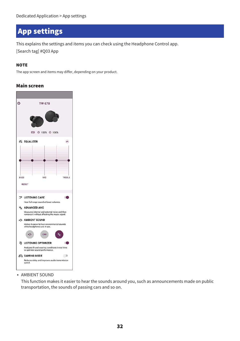 App settings, App settings” (p.32) | Yamaha TW-E7B Noise-Canceling True Wireless In-Ear Headphones (White) User Manual | Page 32 / 56