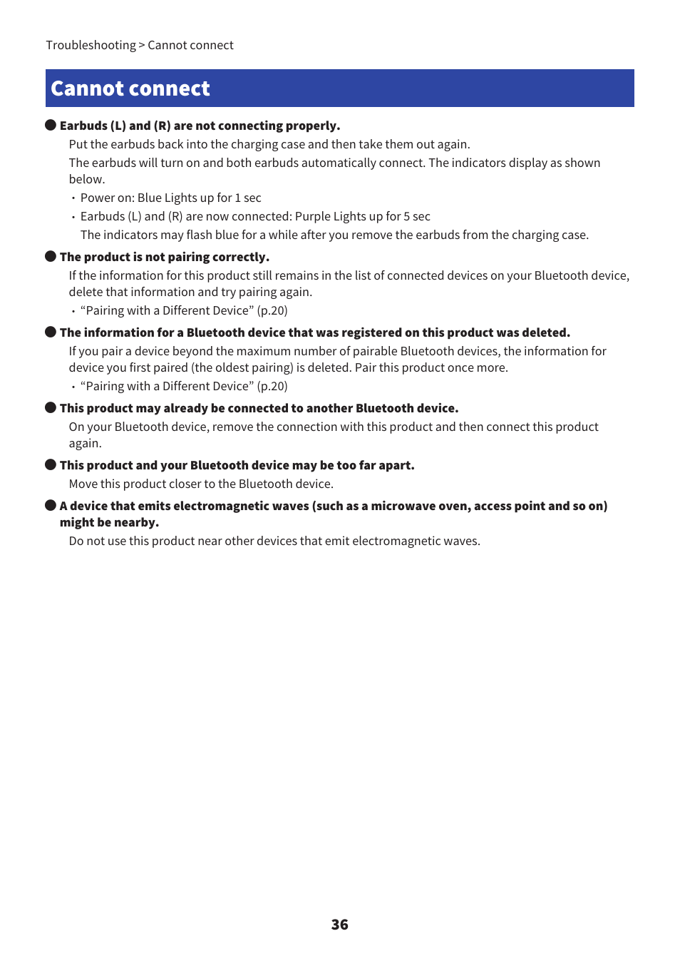 Cannot connect, Cannot connect” (p.36) | Yamaha TW-E7B Noise-Canceling True Wireless In-Ear Headphones (White) User Manual | Page 36 / 56