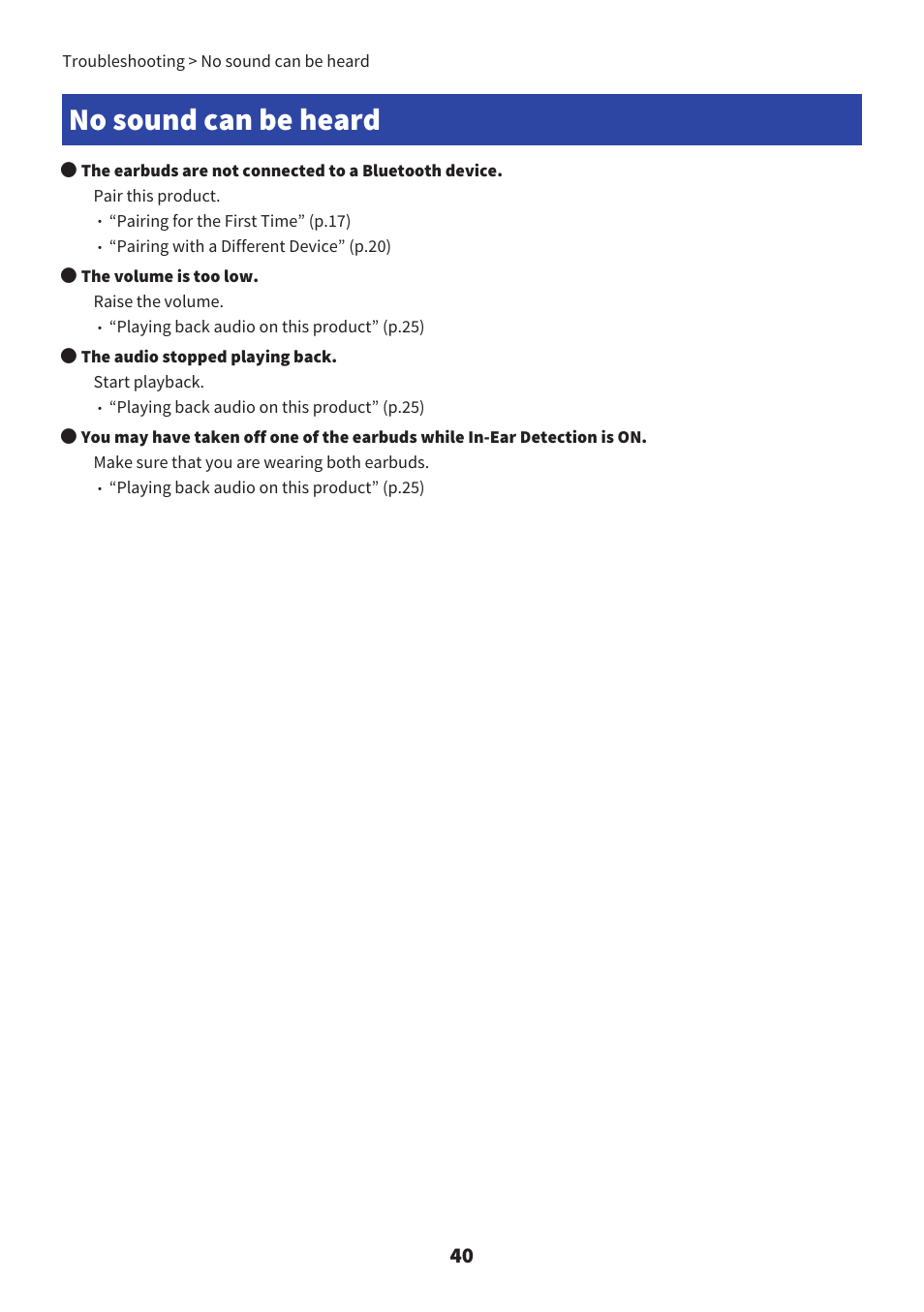 No sound can be heard, No sound can be heard” (p.40) | Yamaha TW-E7B Noise-Canceling True Wireless In-Ear Headphones (White) User Manual | Page 40 / 56