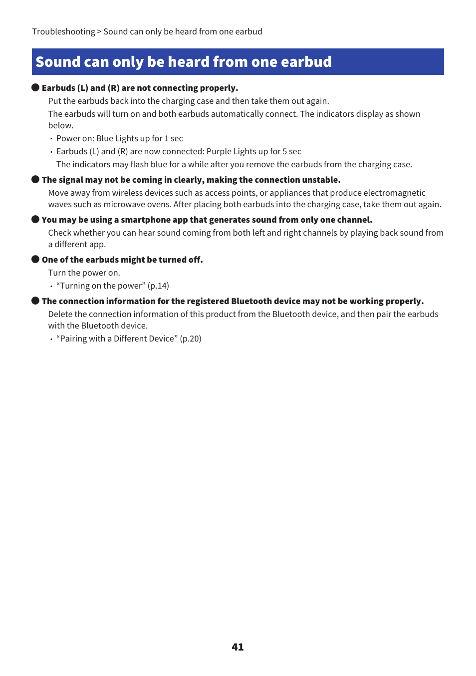 Sound can only be heard from one earbud, Sound can only be heard from one earbud” (p.41) | Yamaha TW-E7B Noise-Canceling True Wireless In-Ear Headphones (White) User Manual | Page 41 / 56