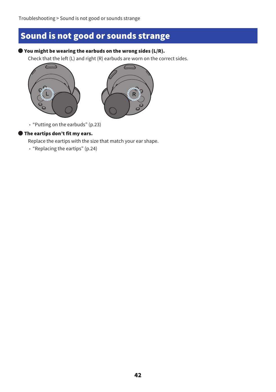 Sound is not good or sounds strange, Sound is not good or sounds strange” (p.42) | Yamaha TW-E7B Noise-Canceling True Wireless In-Ear Headphones (White) User Manual | Page 42 / 56