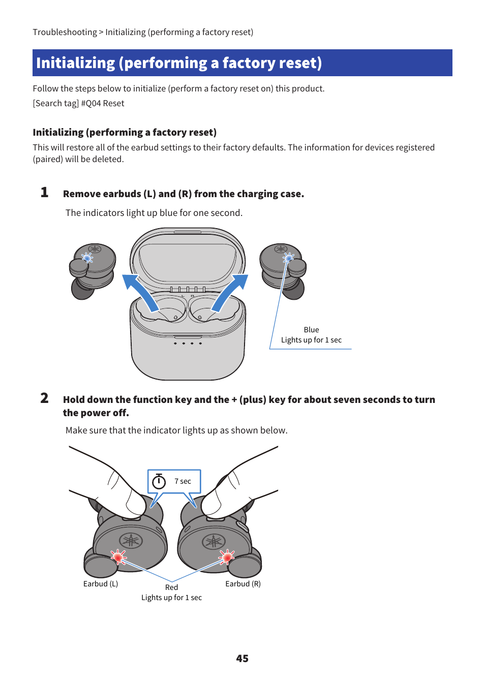 Initializing (performing a factory reset), Initializing (performing a factory reset)” (p.45) | Yamaha TW-E7B Noise-Canceling True Wireless In-Ear Headphones (White) User Manual | Page 45 / 56