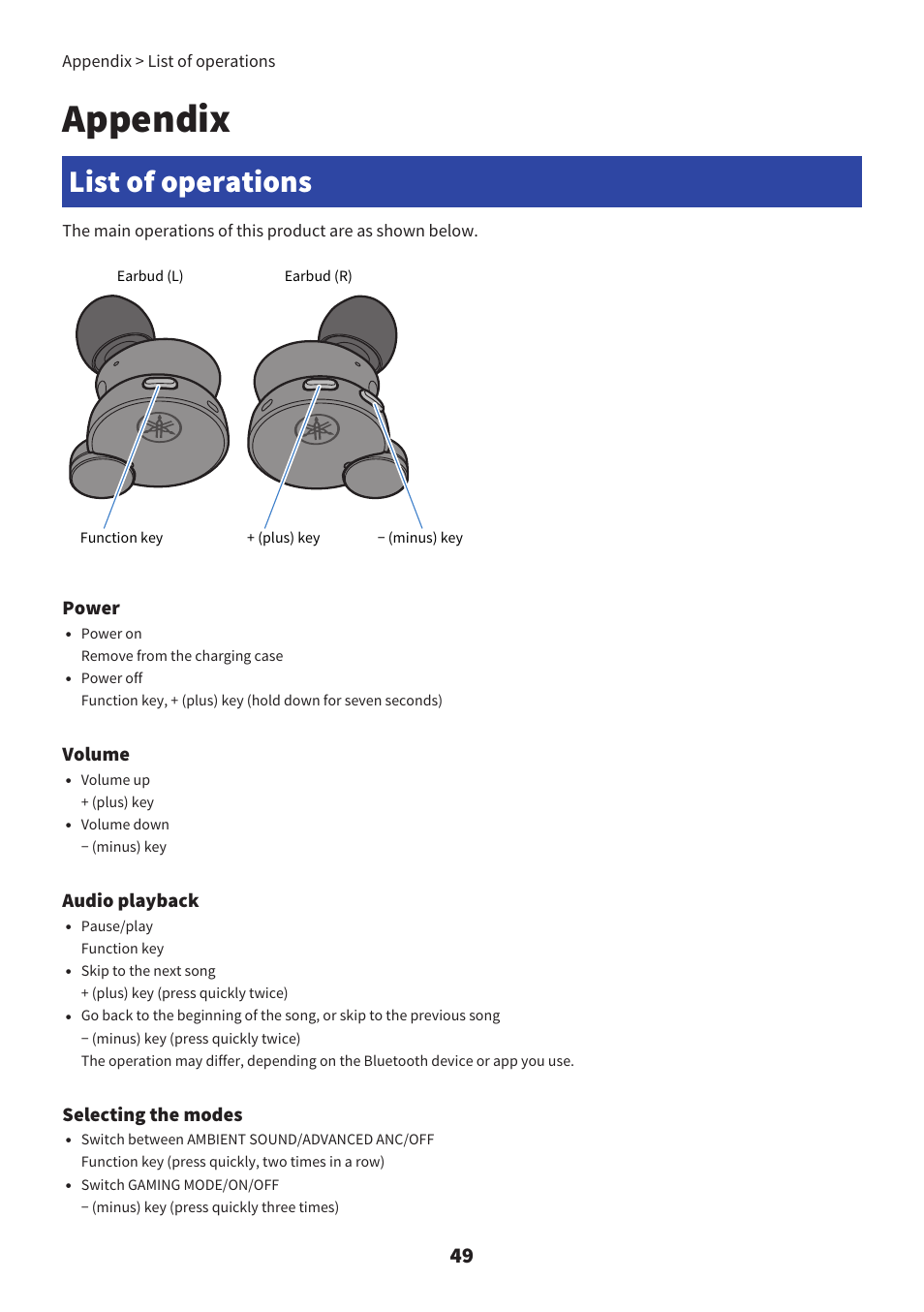 Appendix, List of operations, Power | Volume, Audio playback, Selecting the modes | Yamaha TW-E7B Noise-Canceling True Wireless In-Ear Headphones (White) User Manual | Page 49 / 56