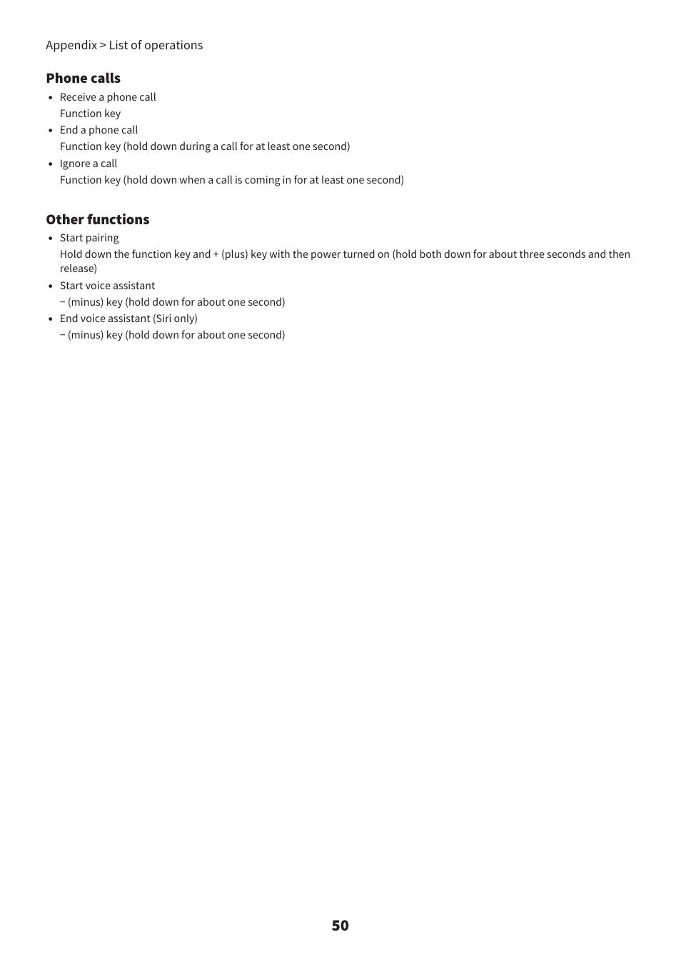 Phone calls, Other functions, Appendix > list of operations | Yamaha TW-E7B Noise-Canceling True Wireless In-Ear Headphones (White) User Manual | Page 50 / 56