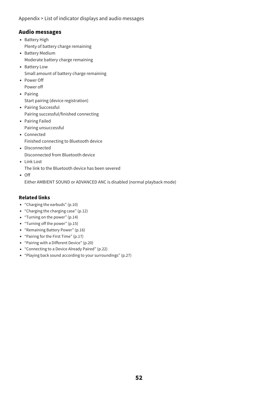 Audio messages, Related links, Battery high plenty of battery charge remaining | Battery medium moderate battery charge remaining, Power off power off, Pairing start pairing (device registration), Pairing failed pairing unsuccessful, Connected finished connecting to bluetooth device, Disconnected disconnected from bluetooth device | Yamaha TW-E7B Noise-Canceling True Wireless In-Ear Headphones (White) User Manual | Page 52 / 56