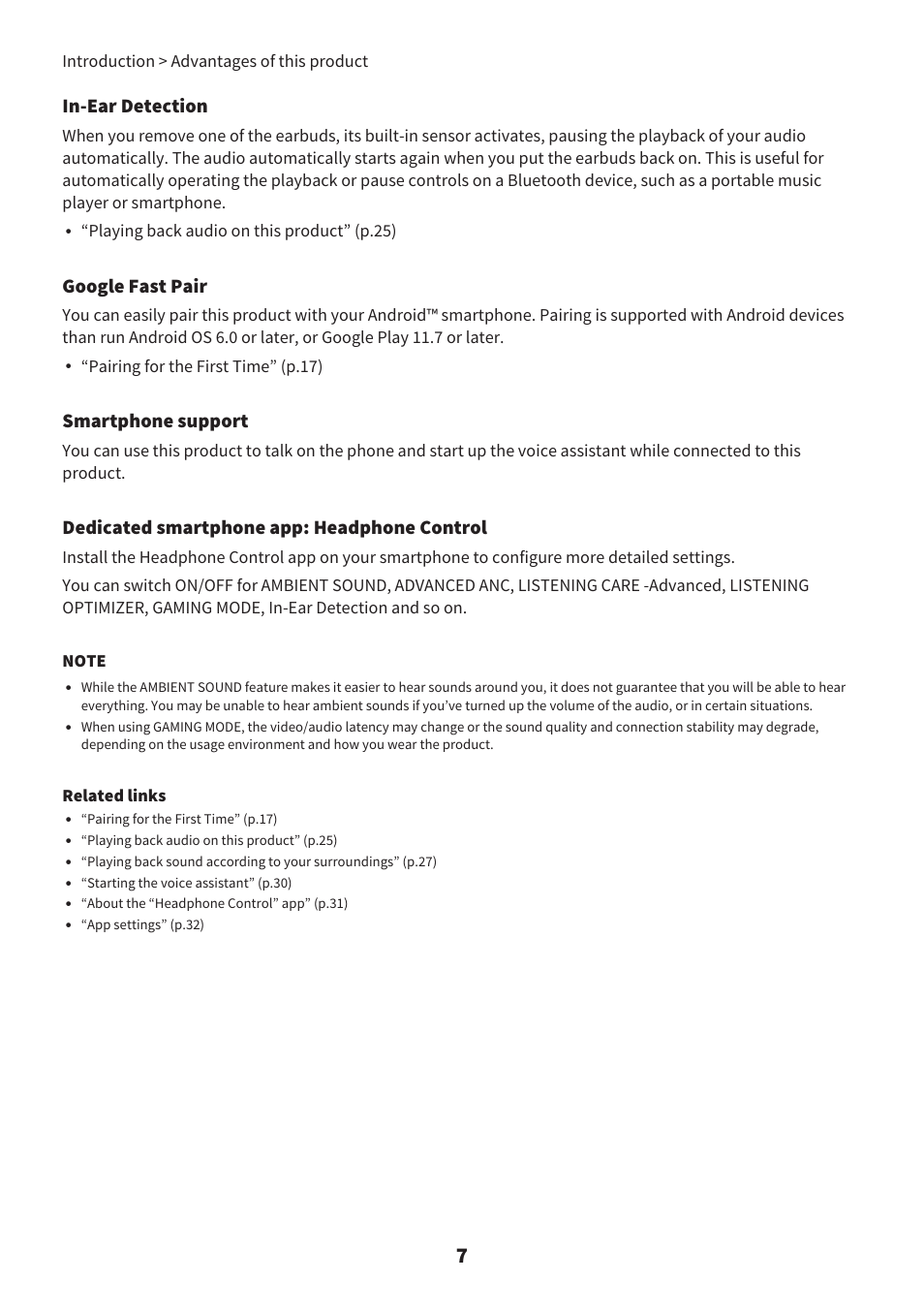 In-ear detection, Google fast pair, Smartphone support | Dedicated smartphone app: headphone control, Playing back audio on this product” (p.25), Pairing for the first time” (p.17), Related links, Introduction > advantages of this product | Yamaha TW-E7B Noise-Canceling True Wireless In-Ear Headphones (White) User Manual | Page 7 / 56