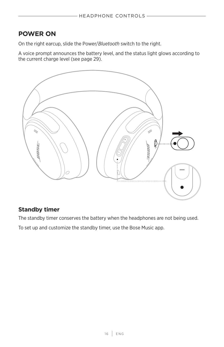 Power on, Standby timer | Bose QuietComfort 45 Noise-Canceling Wireless Over-Ear Headphones (White Smoke) User Manual | Page 16 / 40