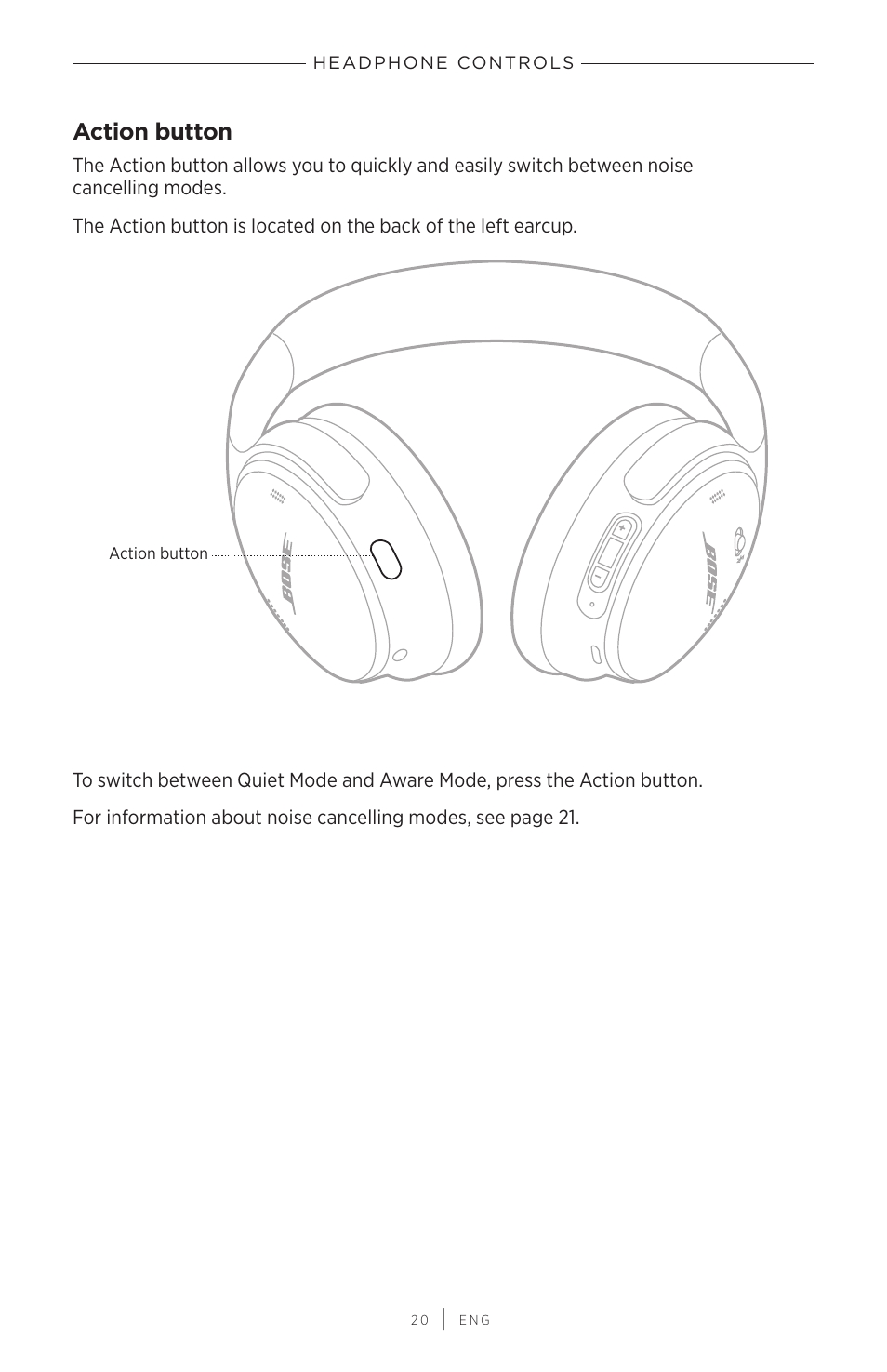 Action button | Bose QuietComfort 45 Noise-Canceling Wireless Over-Ear Headphones (White Smoke) User Manual | Page 20 / 40