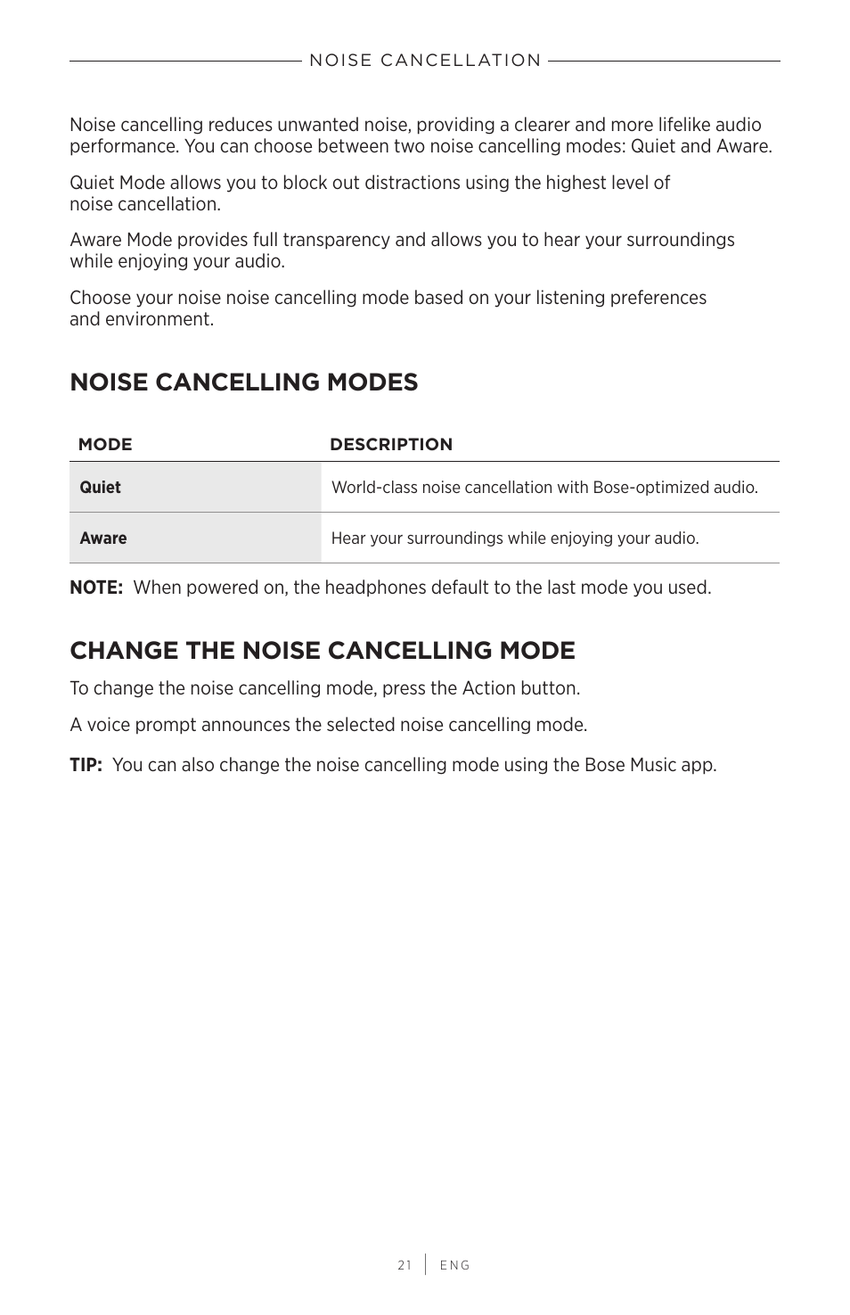 Noise cancellation, Noise cancelling modes, Change the noise cancelling mode | Bose QuietComfort 45 Noise-Canceling Wireless Over-Ear Headphones (White Smoke) User Manual | Page 21 / 40