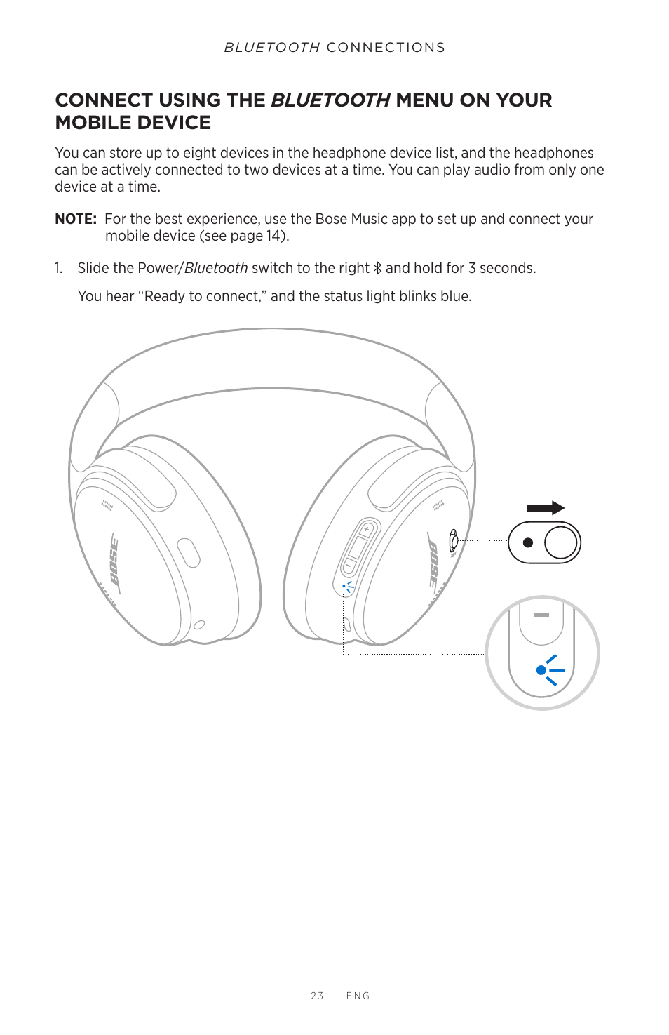 Bluetooth connections, Bluetooth, Connections | Connect using the, Menu on your mobile device | Bose QuietComfort 45 Noise-Canceling Wireless Over-Ear Headphones (White Smoke) User Manual | Page 23 / 40