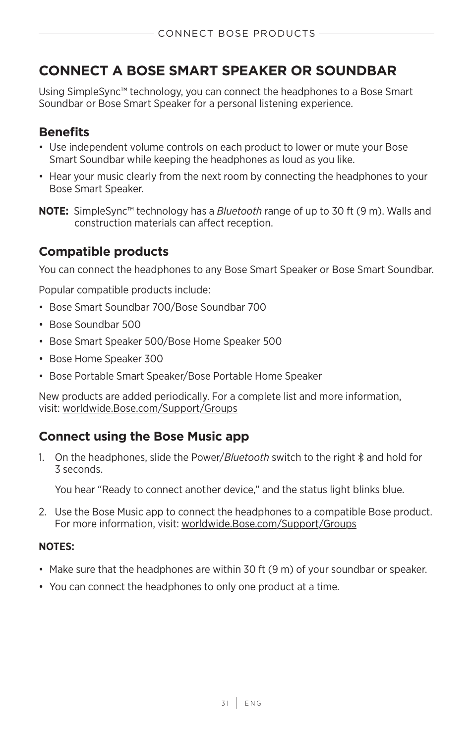 Connect bose products, Connect a bose smart speaker or soundbar, Benefits | Compatible products, Connect using the bose music app | Bose QuietComfort 45 Noise-Canceling Wireless Over-Ear Headphones (White Smoke) User Manual | Page 31 / 40