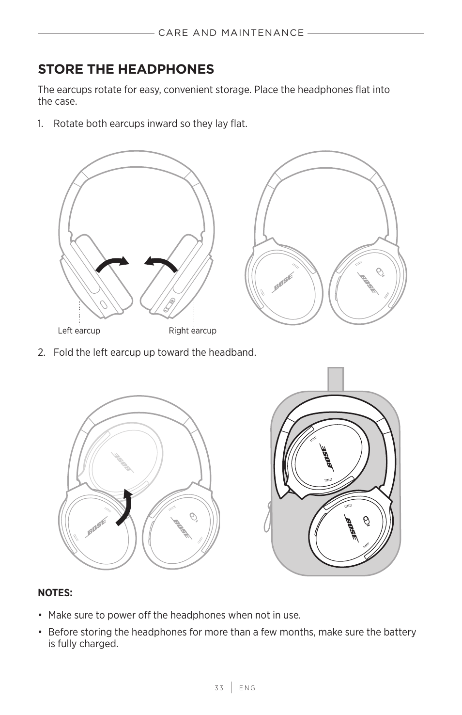 Care and maintenance, Store the headphones | Bose QuietComfort 45 Noise-Canceling Wireless Over-Ear Headphones (White Smoke) User Manual | Page 33 / 40