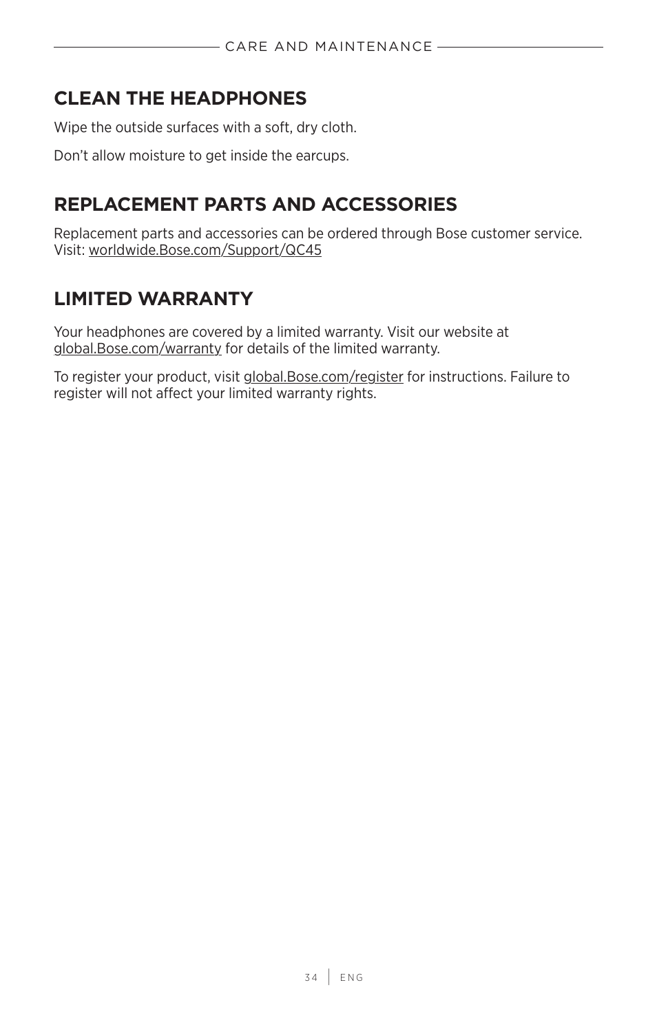 Clean the headphones, Replacement parts and accessories, Limited warranty | Bose QuietComfort 45 Noise-Canceling Wireless Over-Ear Headphones (White Smoke) User Manual | Page 34 / 40