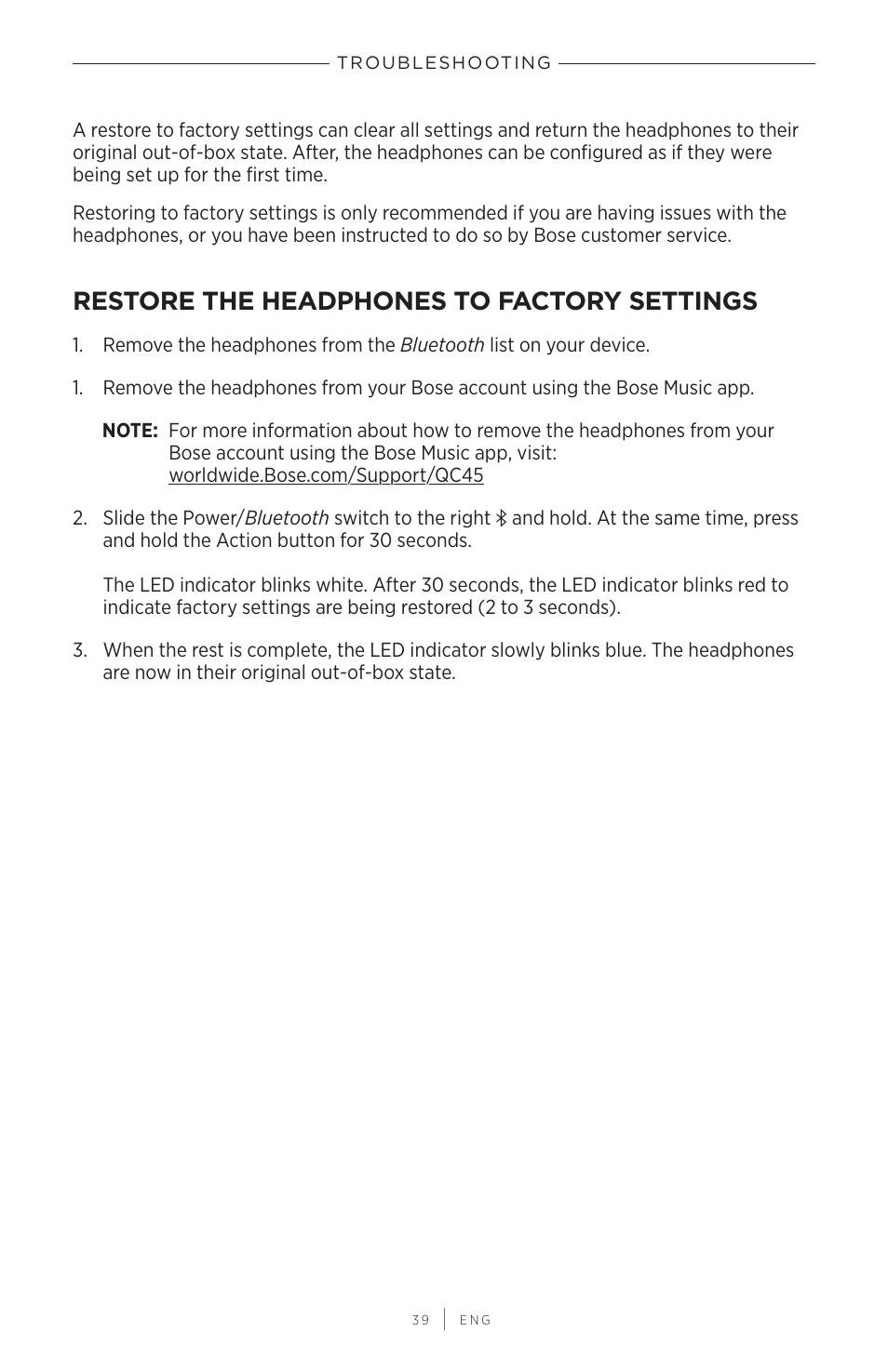 Restore the headphones to factory settings | Bose QuietComfort 45 Noise-Canceling Wireless Over-Ear Headphones (White Smoke) User Manual | Page 39 / 40