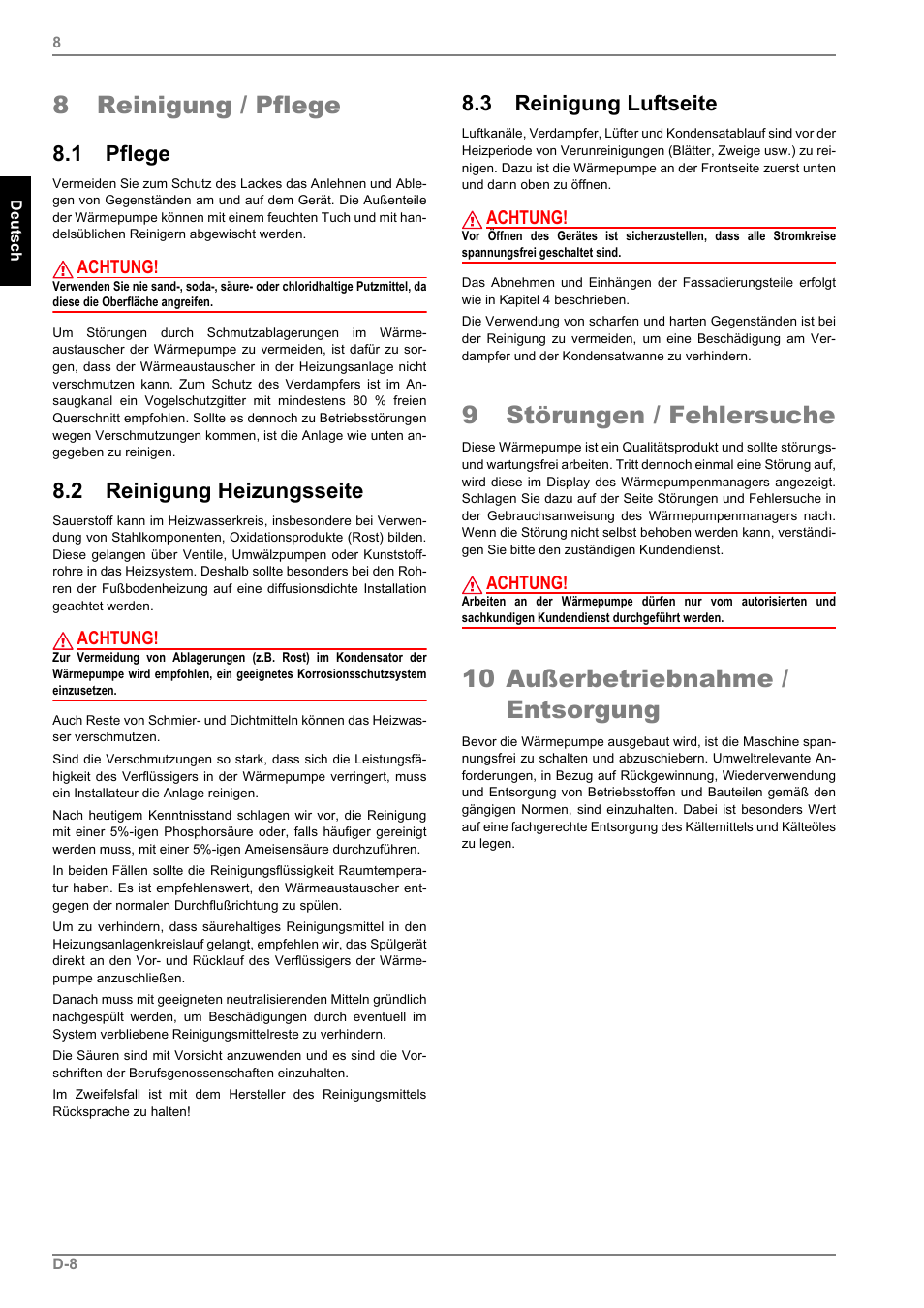 8 reinigung / pflege, 1 pflege, 2 reinigung heizungsseite | 3 reinigung luftseite, 9 störungen / fehlersuche, 10 außerbetriebnahme / entsorgung | Dimplex LI 11MS User Manual | Page 10 / 44