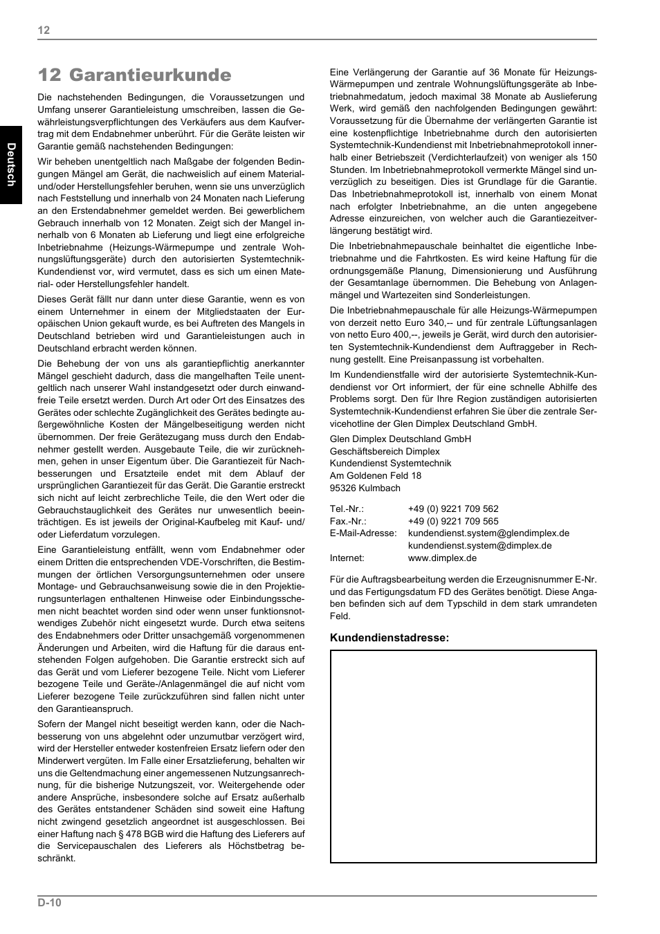 12 garantieurkunde | Dimplex LI 11MS User Manual | Page 12 / 44