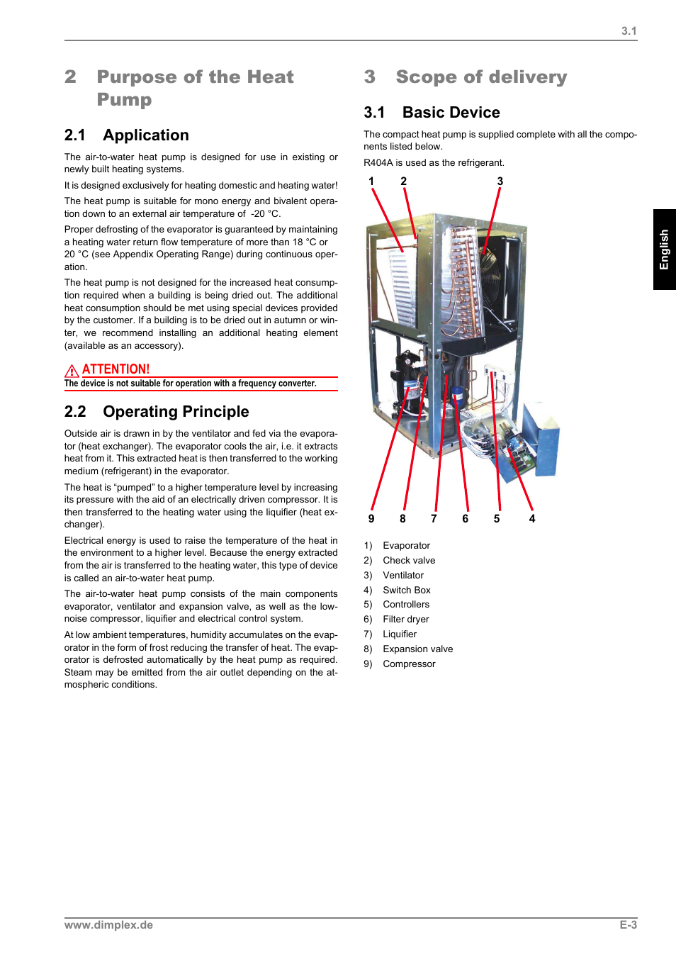 2 purpose of the heat pump, 1 application, 2 operating principle | 3 scope of delivery, 1 basic device, Attention | Dimplex LI 11MS User Manual | Page 15 / 44