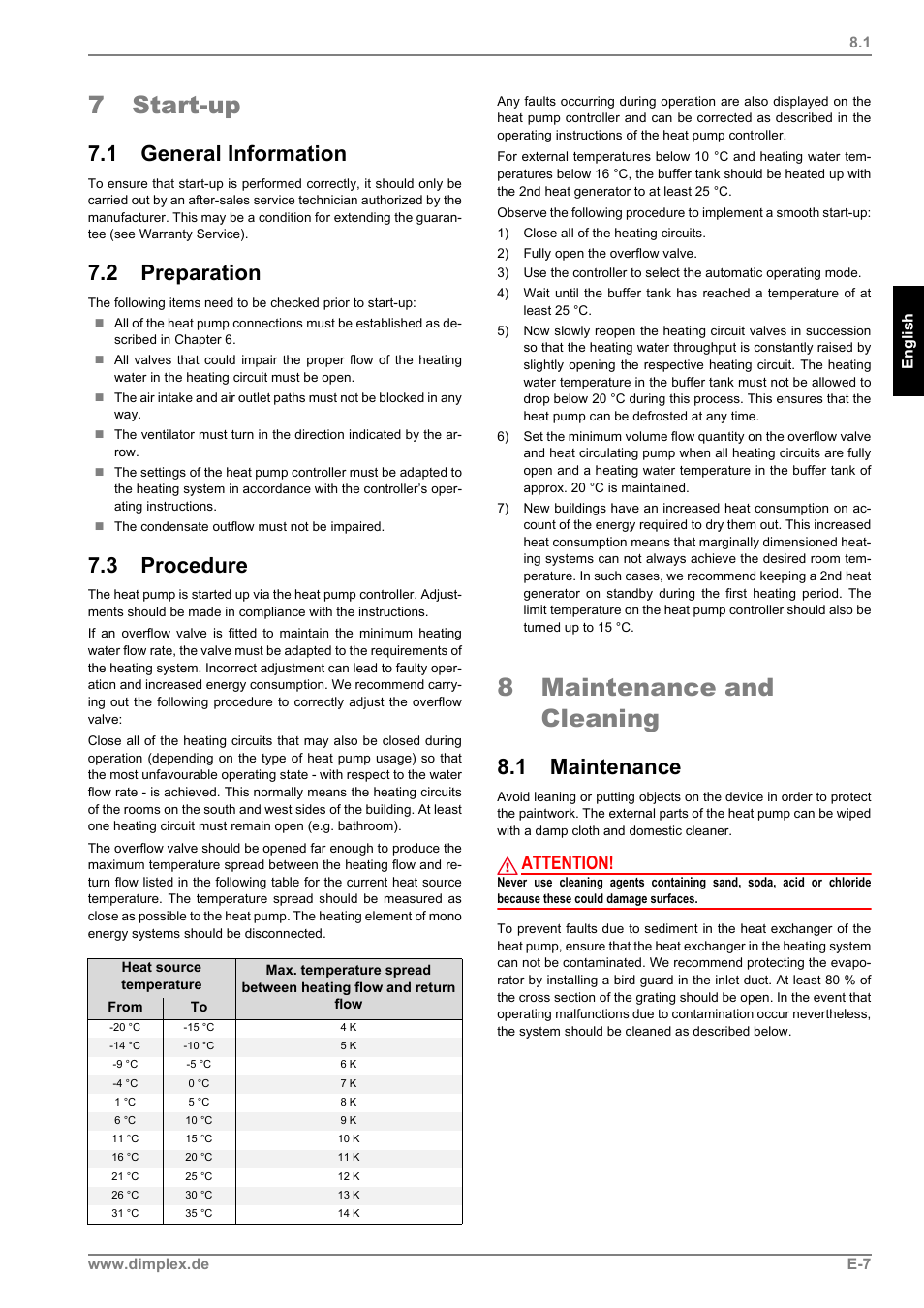 7 start-up, 1 general information, 2 preparation | 3 procedure, 8 maintenance and cleaning, 1 maintenance, Attention | Dimplex LI 11MS User Manual | Page 19 / 44