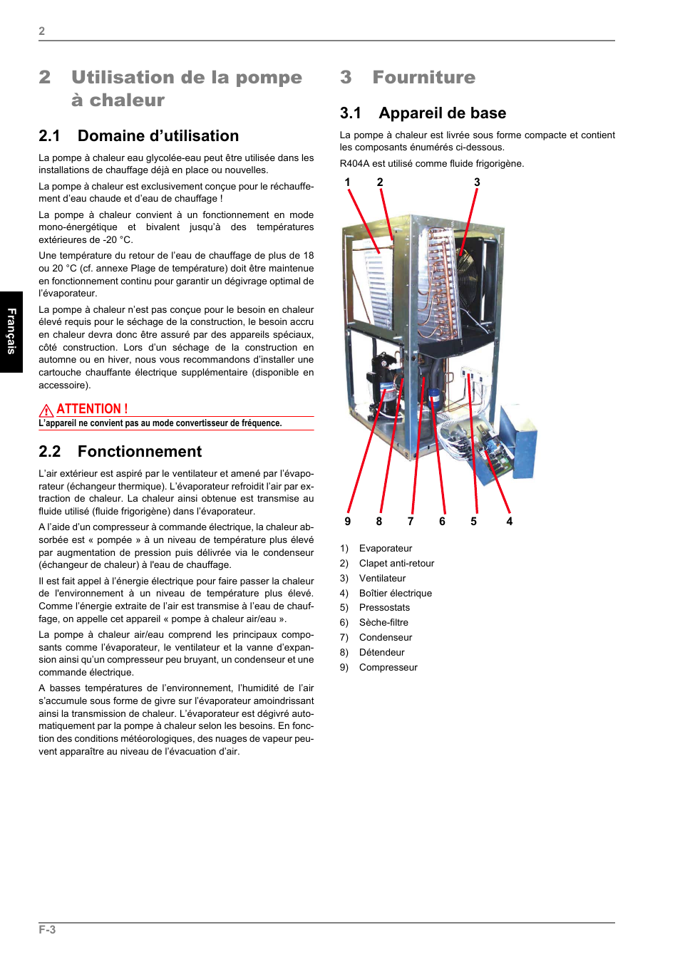 2 utilisation de la pompe à chaleur, 1 domaine d’utilisation, 2 fonctionnement | 3 fourniture, 1 appareil de base, Attention | Dimplex LI 11MS User Manual | Page 24 / 44