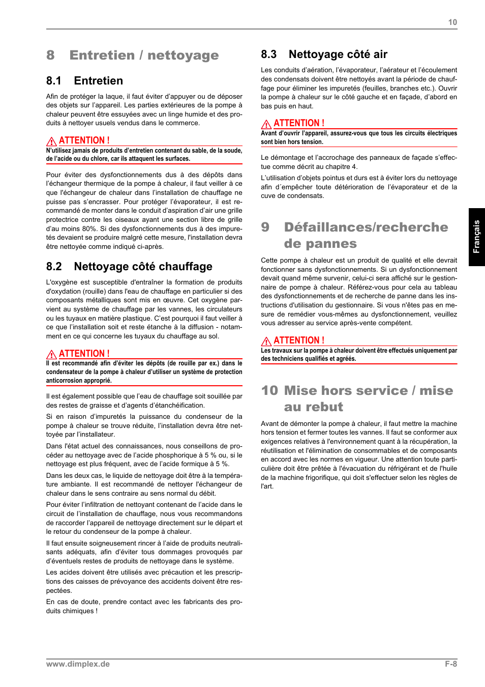 8 entretien / nettoyage, 1 entretien, 2 nettoyage côté chauffage | 3 nettoyage côté air, 9 défaillances/recherche de pannes, 10 mise hors service / mise au rebut | Dimplex LI 11MS User Manual | Page 29 / 44