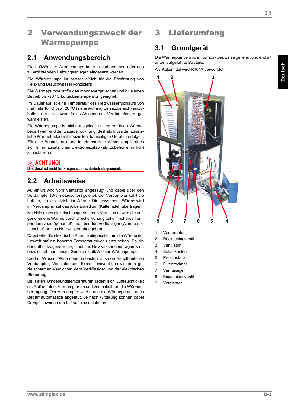 2 verwendungszweck der wärmepumpe, 1 anwendungsbereich, 2 arbeitsweise | 3 lieferumfang, 1 grundgerät, Achtung | Dimplex LI 11MS User Manual | Page 5 / 44