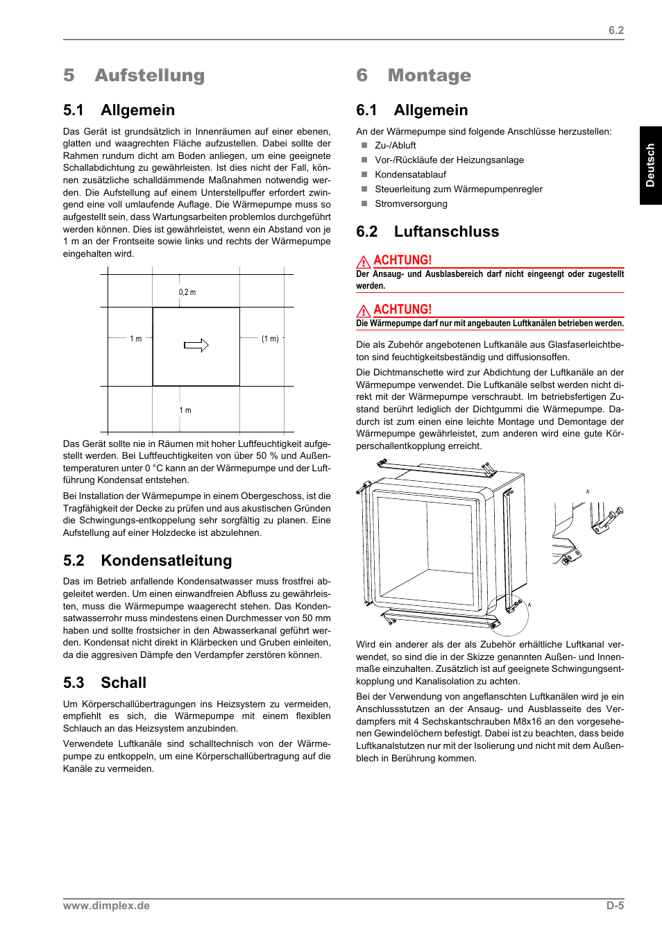 5 aufstellung, 1 allgemein, 2 kondensatleitung | 3 schall, 6 montage, 2 luftanschluss, Achtung | Dimplex LI 11MS User Manual | Page 7 / 44