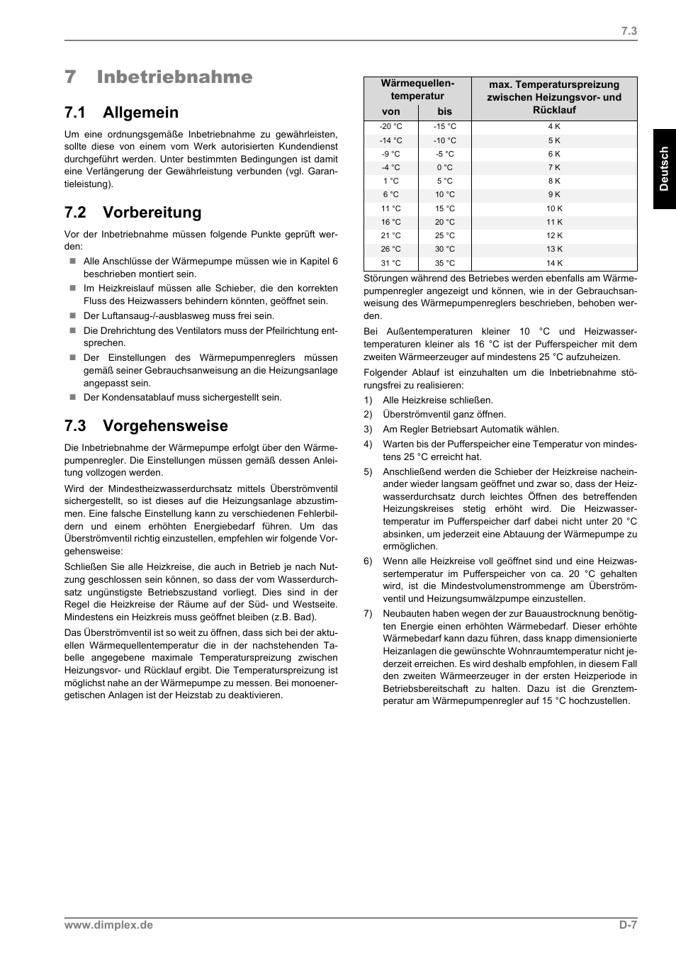 7 inbetriebnahme, 1 allgemein, 2 vorbereitung | 3 vorgehensweise | Dimplex LI 11MS User Manual | Page 9 / 44