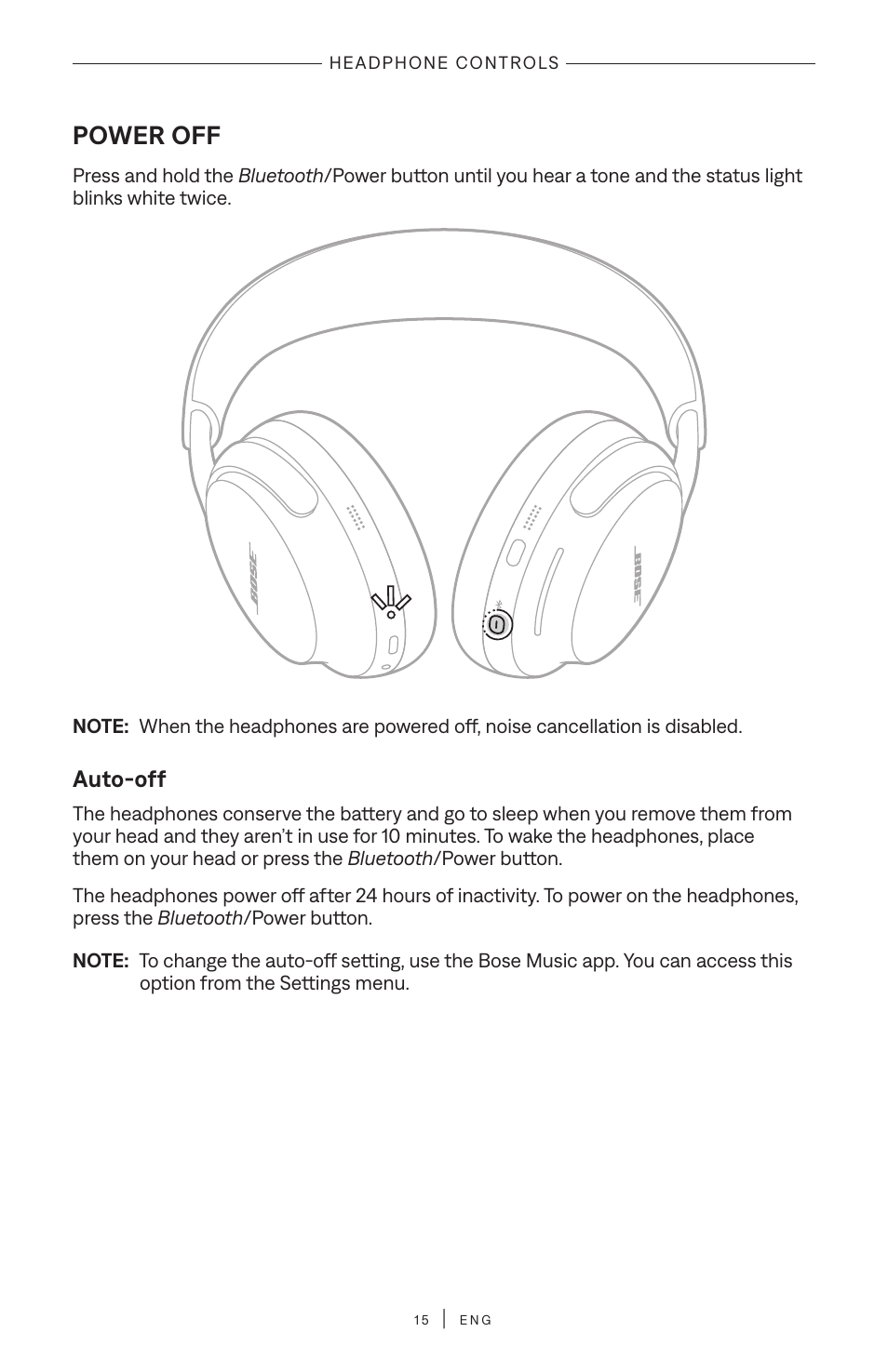 Power off, Auto-off | Bose QuietComfort Ultra Wireless Noise Canceling Over-Ear Headphones (White Smoke) User Manual | Page 15 / 56