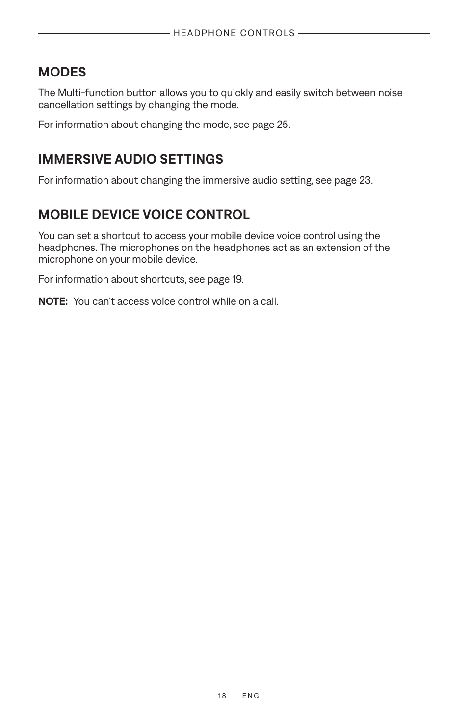 Modes, Immersive audio settings, Mobile device voice control | Bose QuietComfort Ultra Wireless Noise Canceling Over-Ear Headphones (White Smoke) User Manual | Page 18 / 56