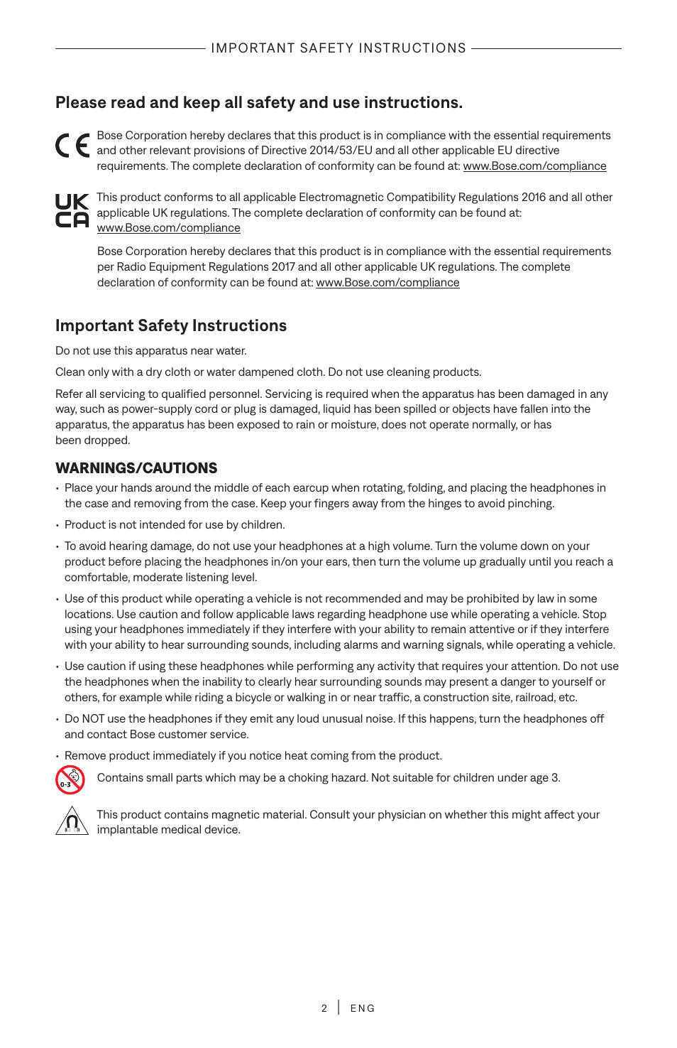 Important safety instructions, Warnings/cautions | Bose QuietComfort Ultra Wireless Noise Canceling Over-Ear Headphones (White Smoke) User Manual | Page 2 / 56