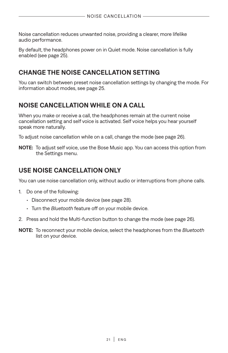 Noise cancellation, Change the noise cancellation setting, Noise cancellation while on a call | Use noise cancellation only | Bose QuietComfort Ultra Wireless Noise Canceling Over-Ear Headphones (White Smoke) User Manual | Page 21 / 56