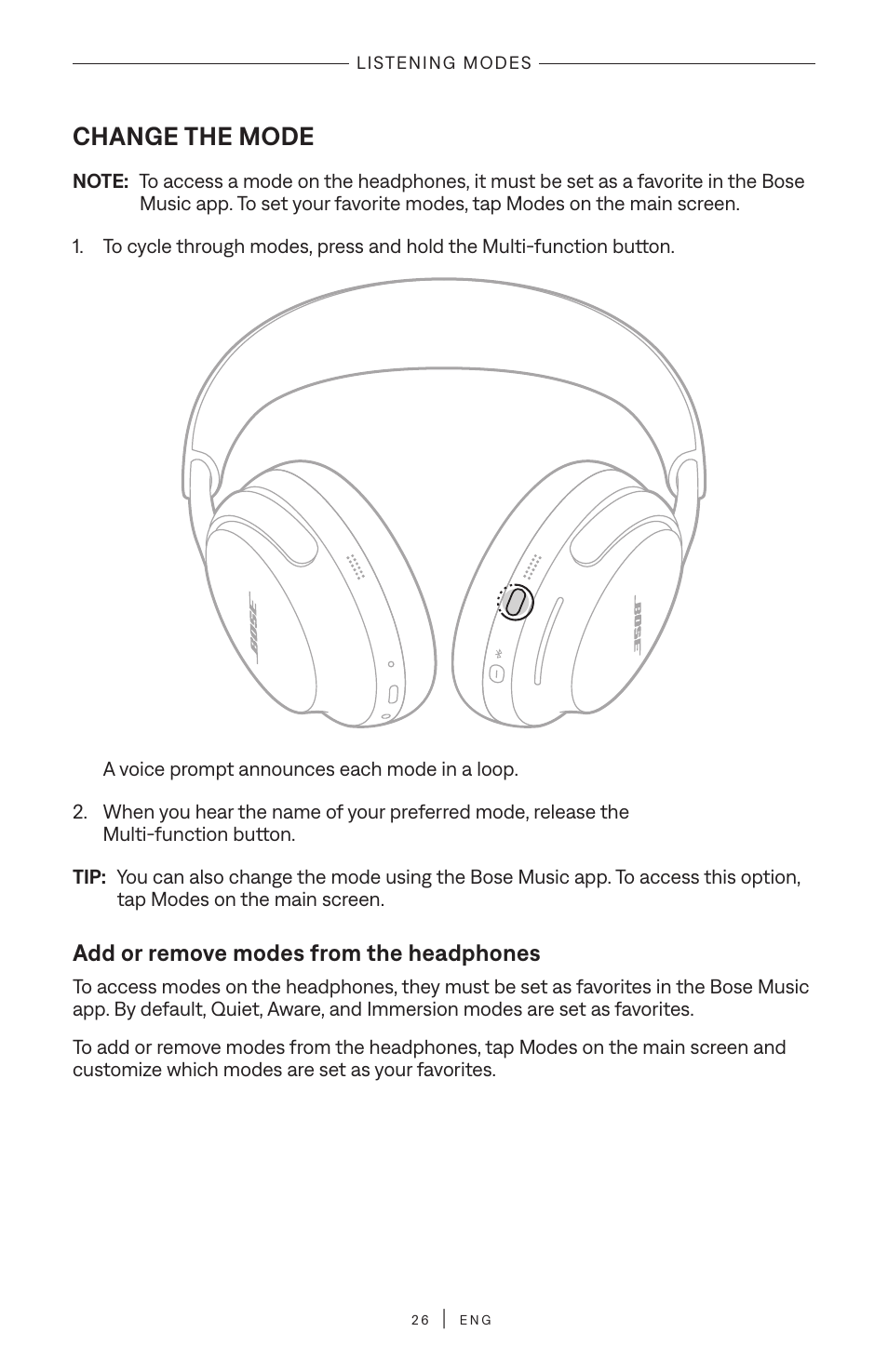 Change the mode, Add or remove modes from the headphones | Bose QuietComfort Ultra Wireless Noise Canceling Over-Ear Headphones (White Smoke) User Manual | Page 26 / 56