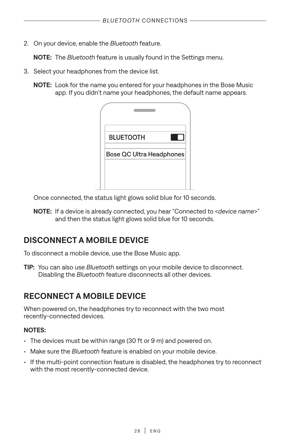 Disconnect a mobile device, Reconnect a mobile device | Bose QuietComfort Ultra Wireless Noise Canceling Over-Ear Headphones (White Smoke) User Manual | Page 28 / 56