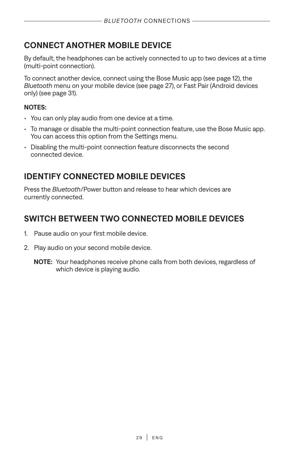 Connect another mobile device, Identify connected mobile devices, Switch between two connected mobile ­devices | Switch between two connected mobile devices | Bose QuietComfort Ultra Wireless Noise Canceling Over-Ear Headphones (White Smoke) User Manual | Page 29 / 56