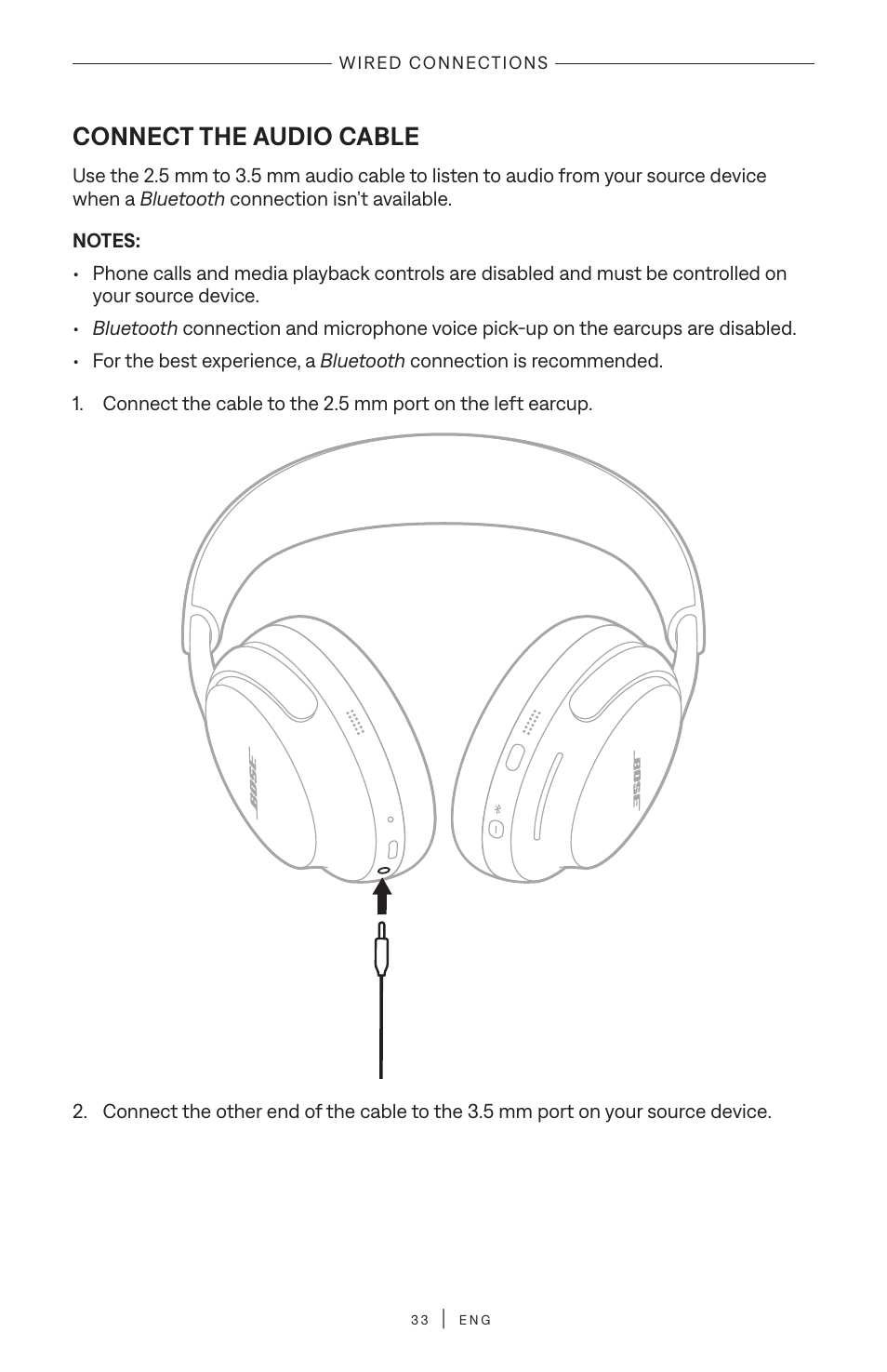 Wired connections, Connect the audio cable | Bose QuietComfort Ultra Wireless Noise Canceling Over-Ear Headphones (White Smoke) User Manual | Page 33 / 56