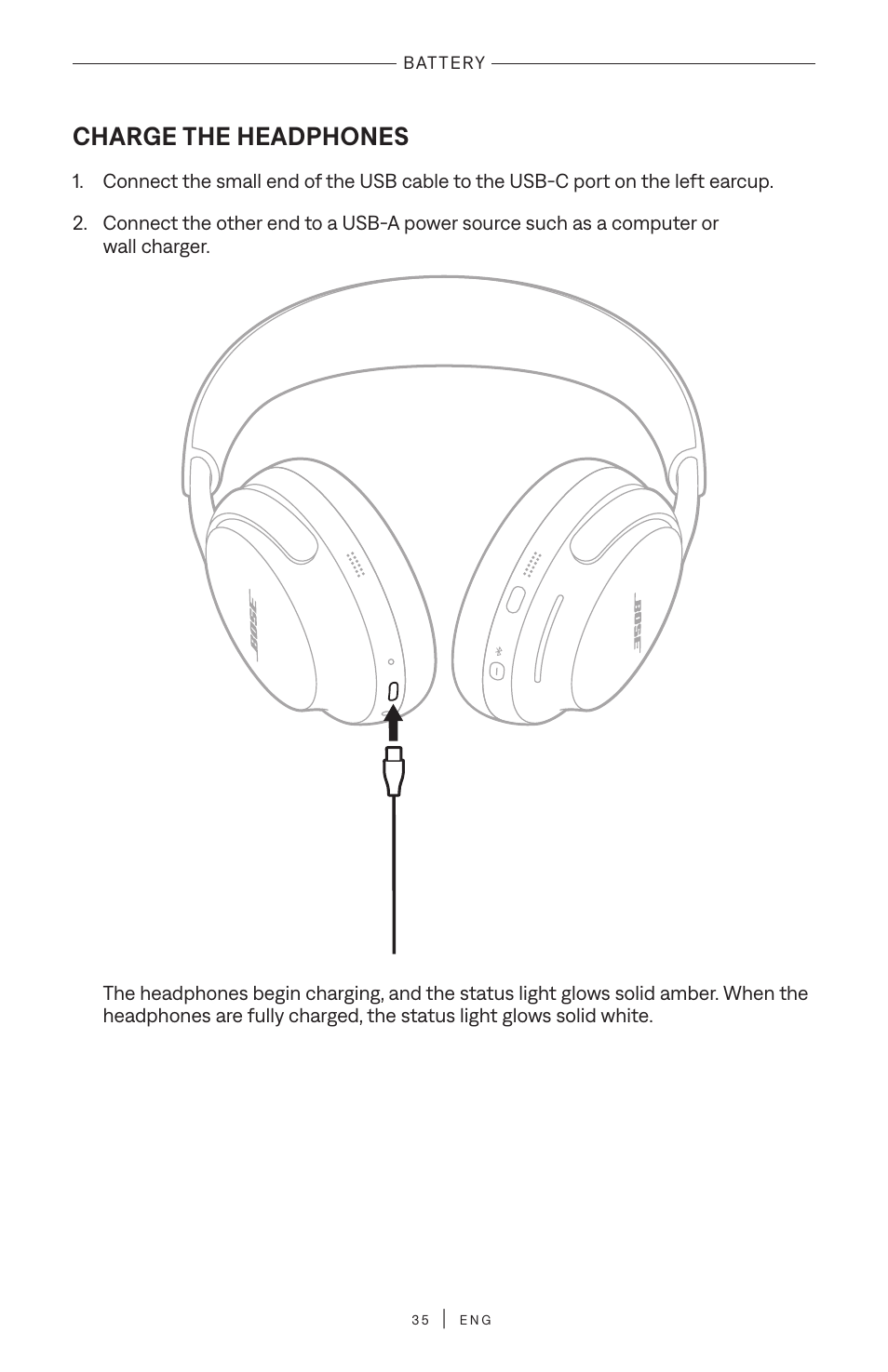 Battery, Charge the headphones | Bose QuietComfort Ultra Wireless Noise Canceling Over-Ear Headphones (White Smoke) User Manual | Page 35 / 56