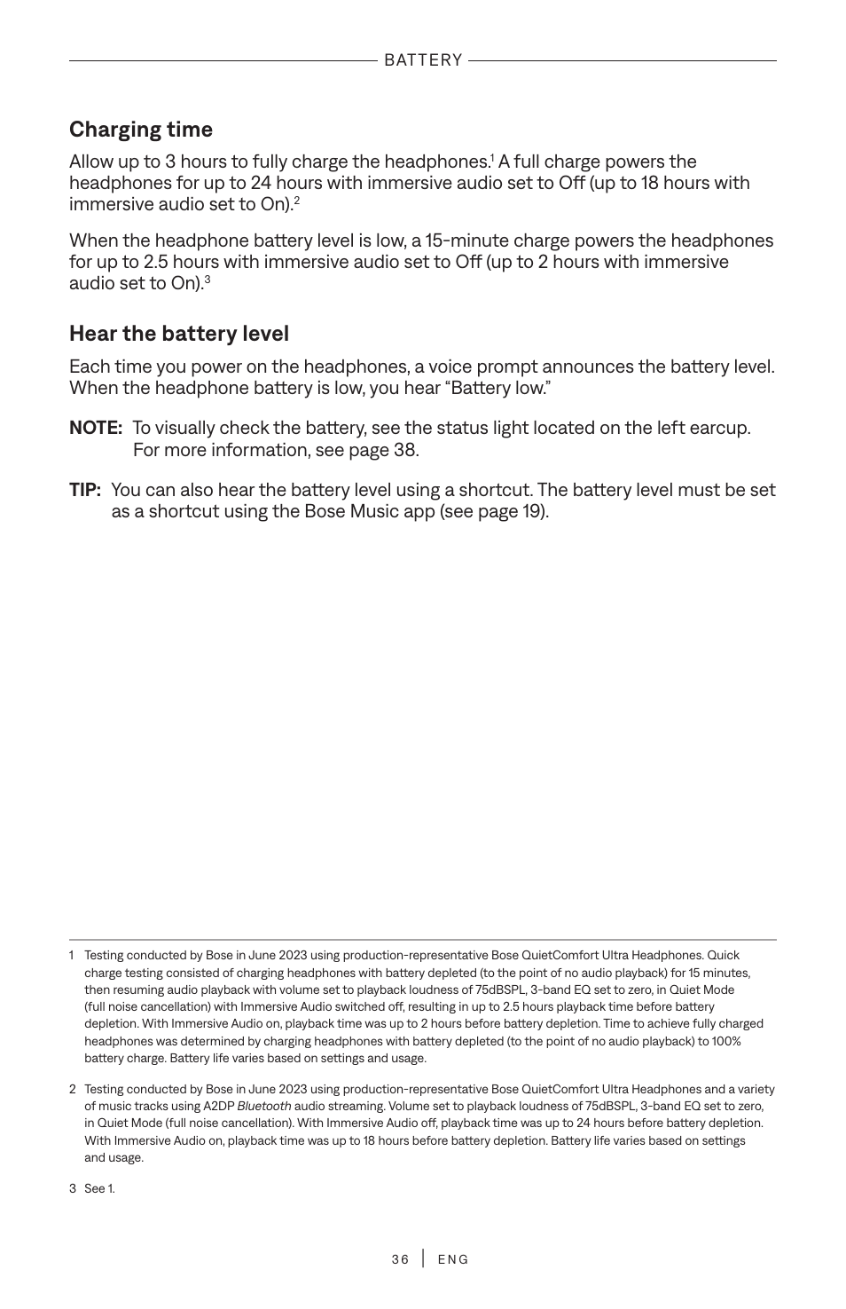 Charging time, Hear the battery level | Bose QuietComfort Ultra Wireless Noise Canceling Over-Ear Headphones (White Smoke) User Manual | Page 36 / 56