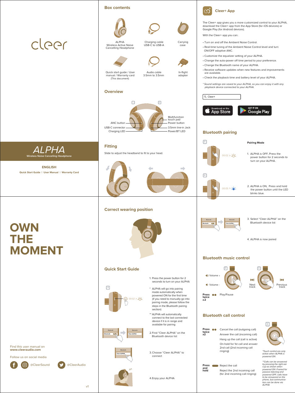 Cleer Alpha Noise-Canceling Wireless Over-Ear Headphones (Black) User Manual | 2 pages
