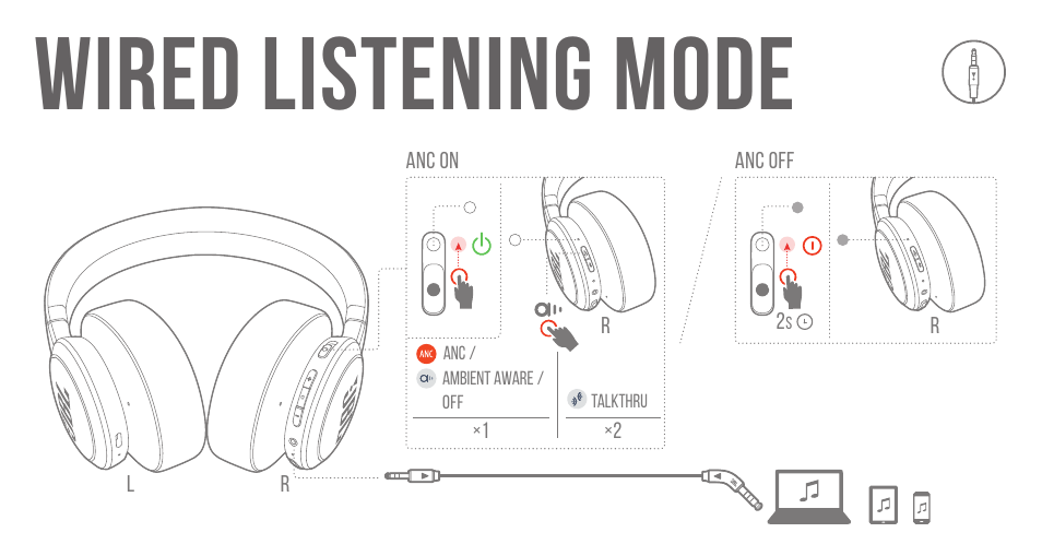 Wired listening mode | JBL Live 660NC Noise-Canceling Wireless Over-Ear Headphones (Blue) User Manual | Page 11 / 28