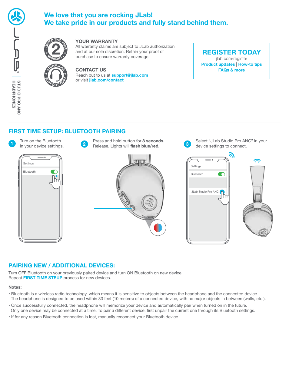 JLab Audio Studio Pro ANC Bluetooth Wireless Over-Ear Headphones User Manual | 3 pages