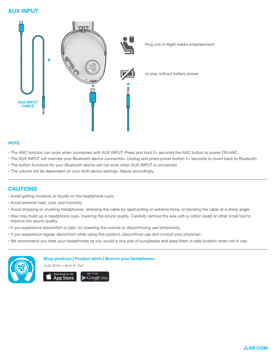 Cautions, Aux input | JLab Audio Studio Pro ANC Bluetooth Wireless Over-Ear Headphones User Manual | Page 3 / 3